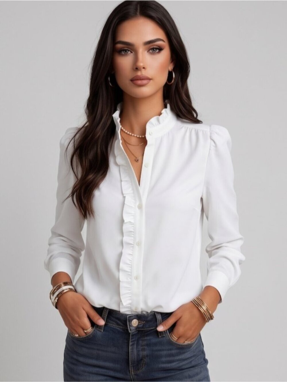 Crisp White Parisian Elegance Ruffle Trim Long Sleeve Blouse – Office to Even